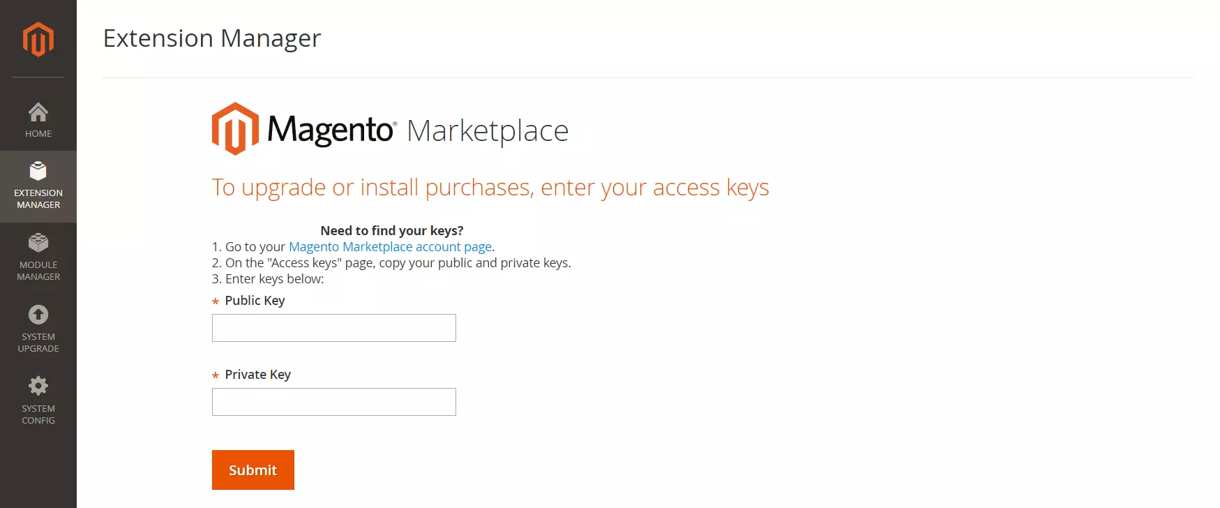 set up a magento store access key