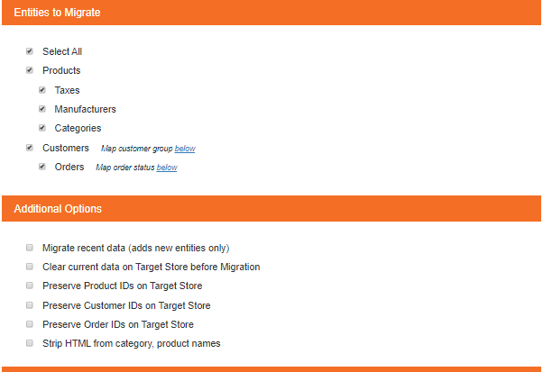 Select Entities and Additional Options