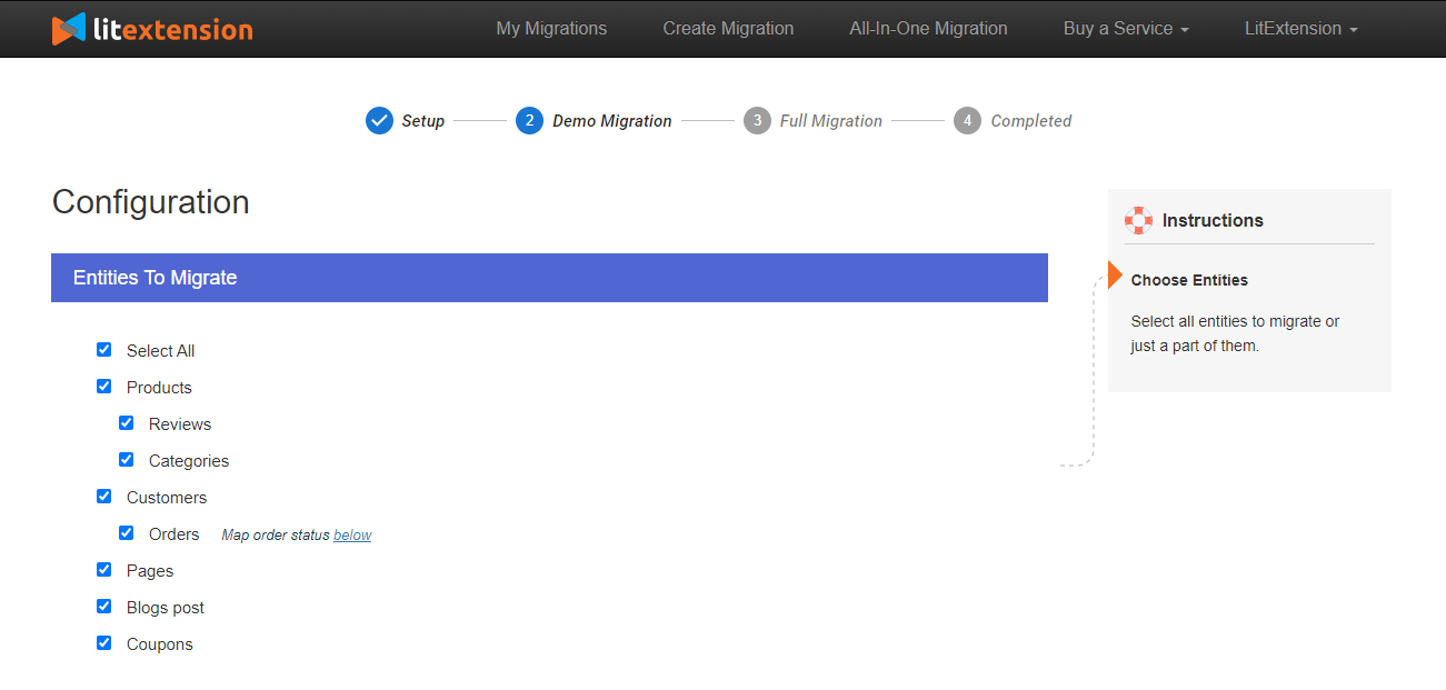 Choose entities you want to migrate Magento to Shopify