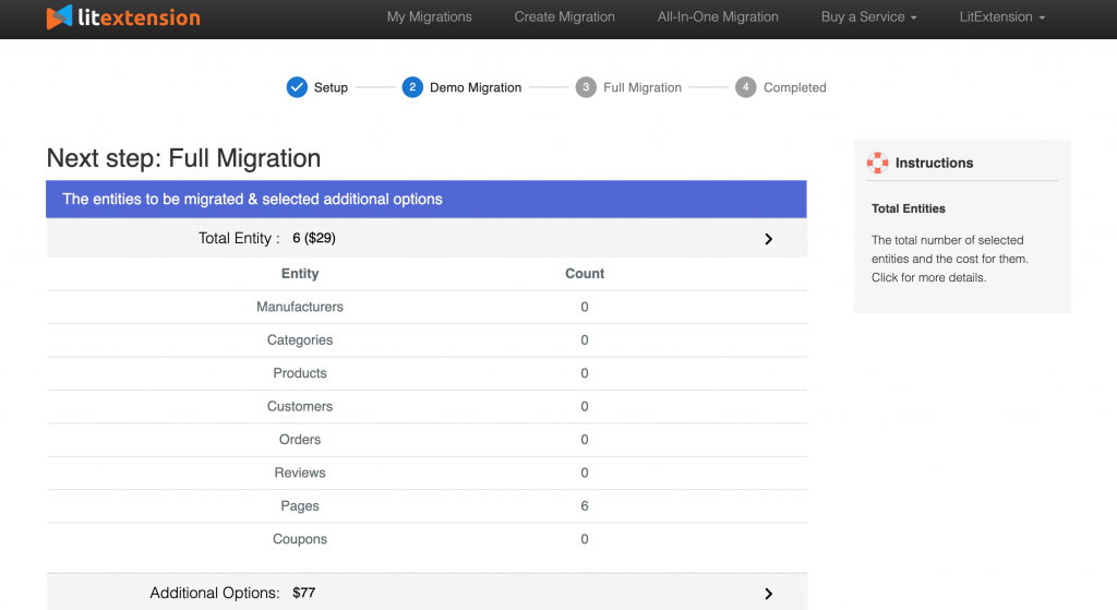 A report showing the number of entities you have selected to migrate