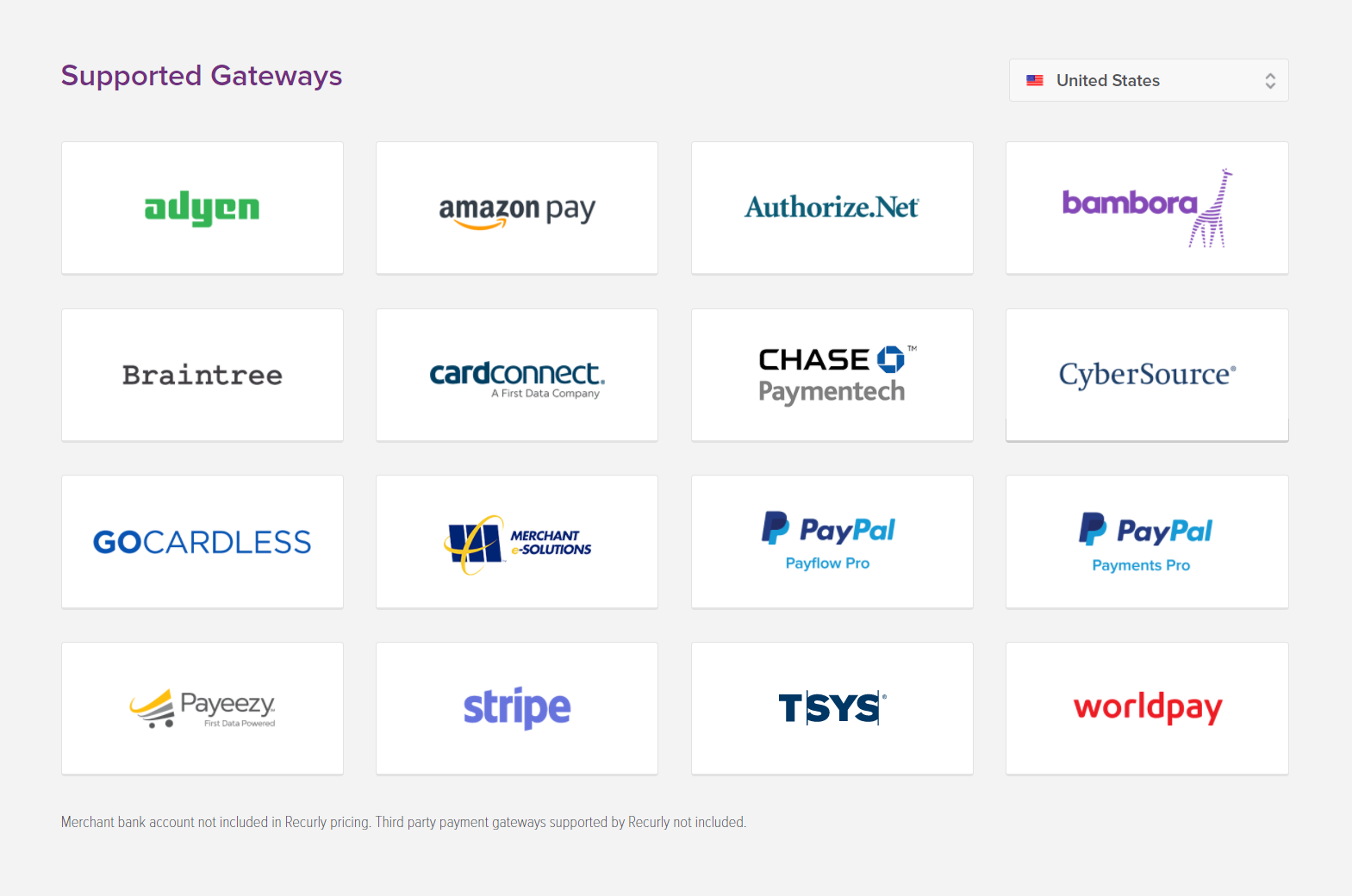 Supported Payment gateways in Recurly in the US - subscription ecommerce platform