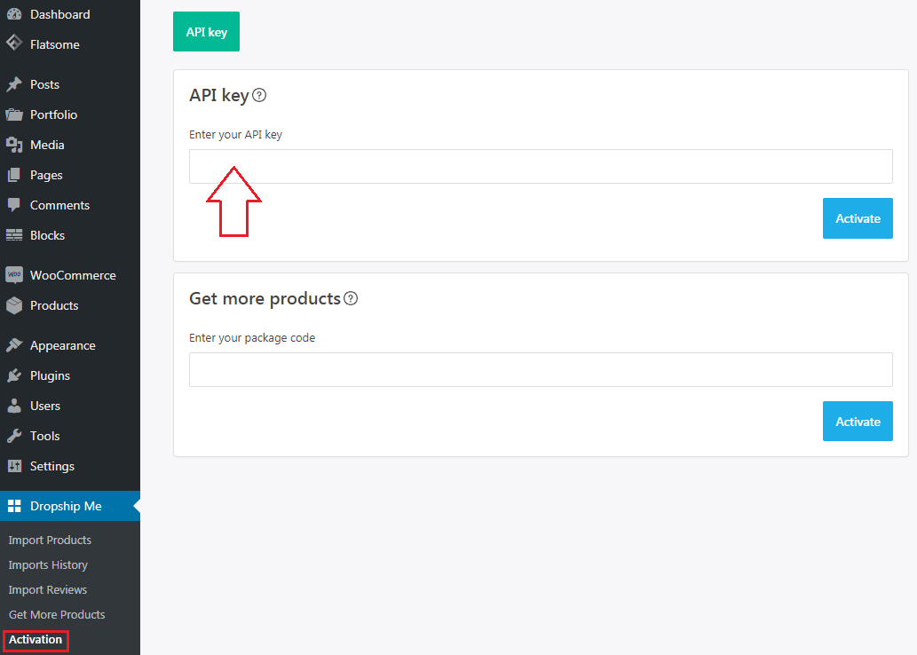 Enter API key to activate DropshipMe