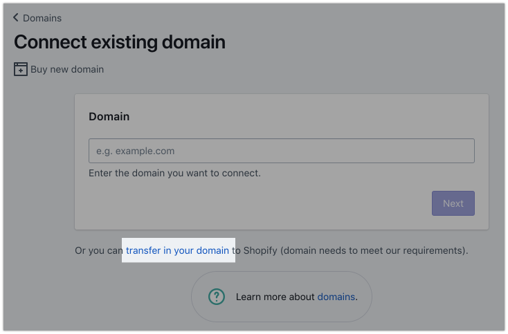 transfer domain to shopify
