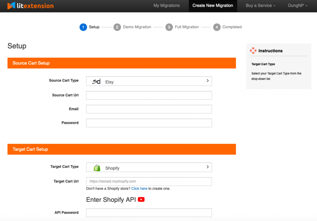 Set up Source and Target Cart