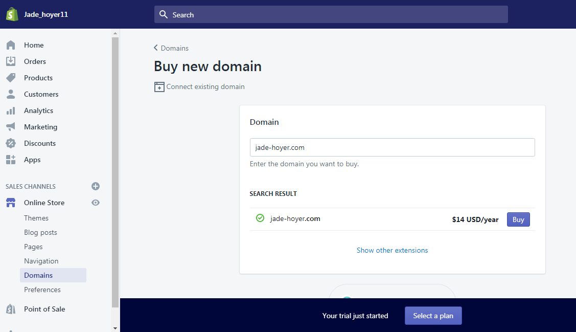 Buy new domain on Shopify
