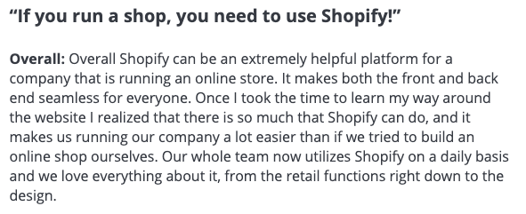 Review from user Sarah O - BigCartel vs Shopify