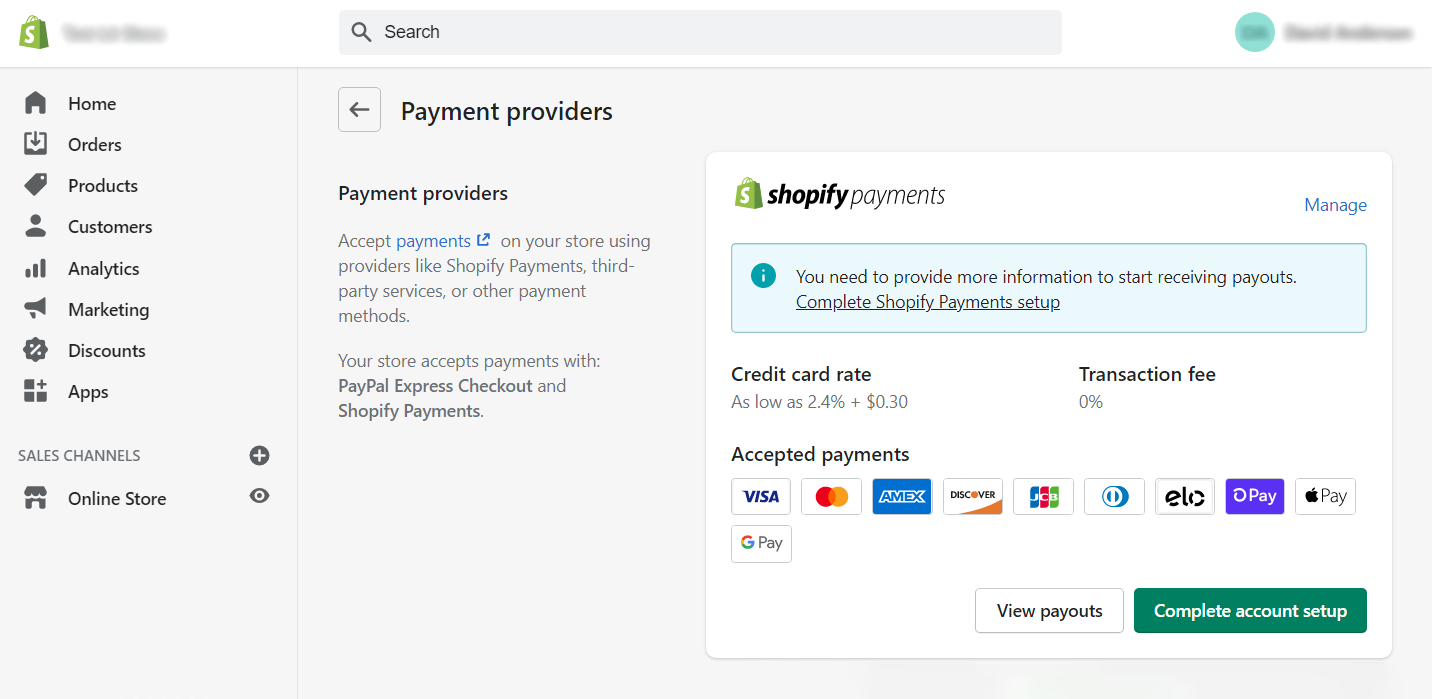 Shopify payment processing: Choose Shopify Payment as a payment provider