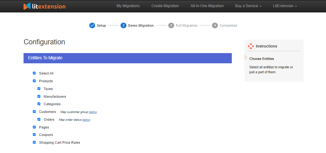 Shopping Cart Migration - Select entities