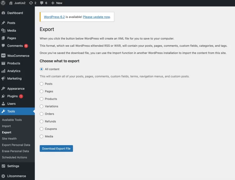 Export WooCommerce data for backup