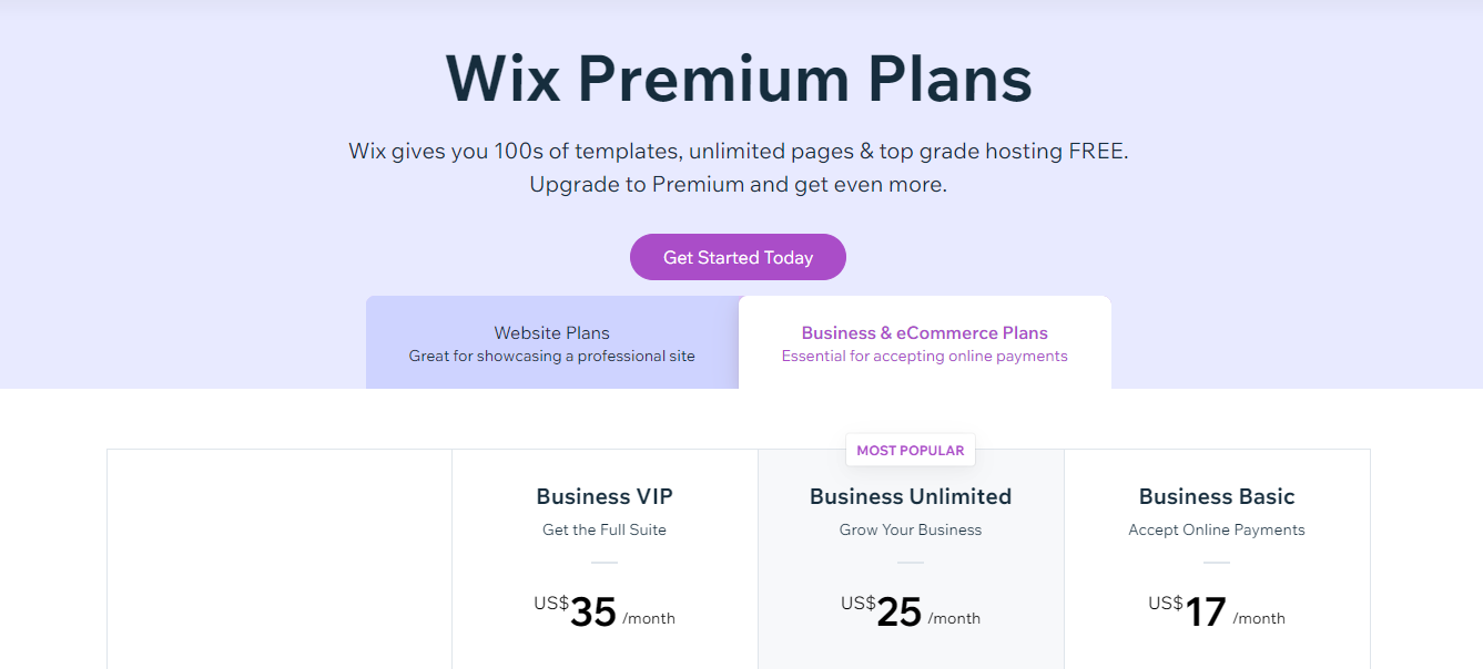 wix pricing yearly pricing