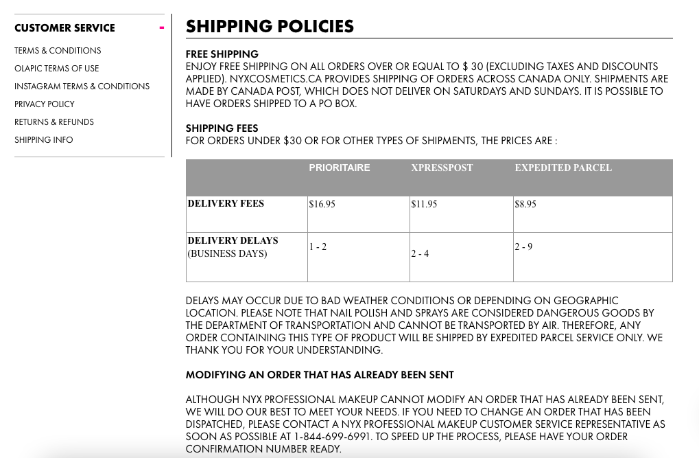 Shipping policies of NYX (eCommerce shipping)