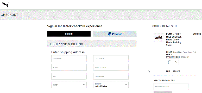 PUMA checkout process