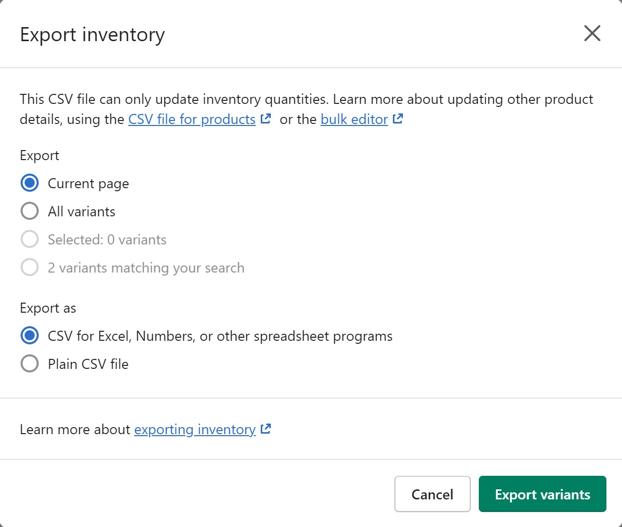 Shopify export inventory