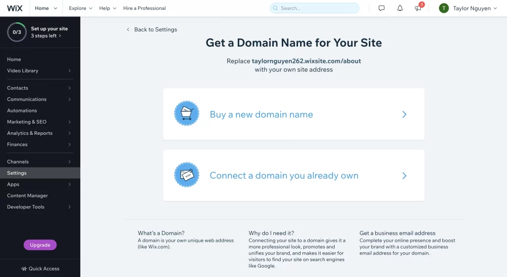 buy a domain or connect to an existing one