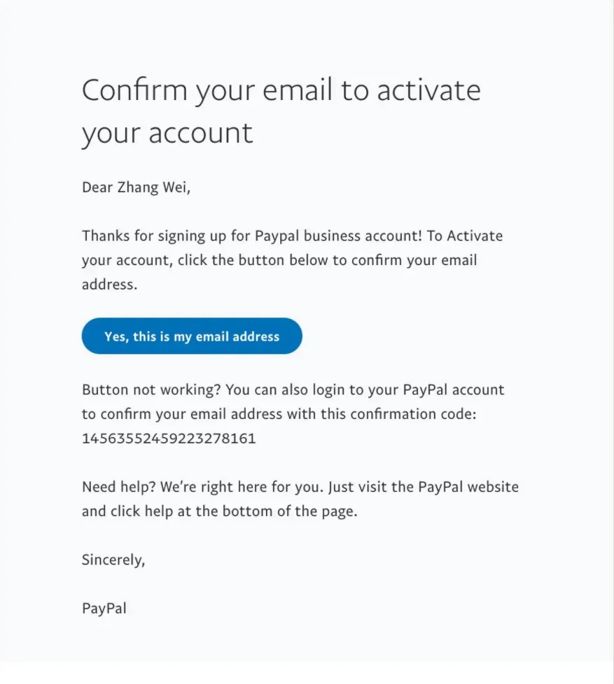 e-mail de confirmação do PayPal