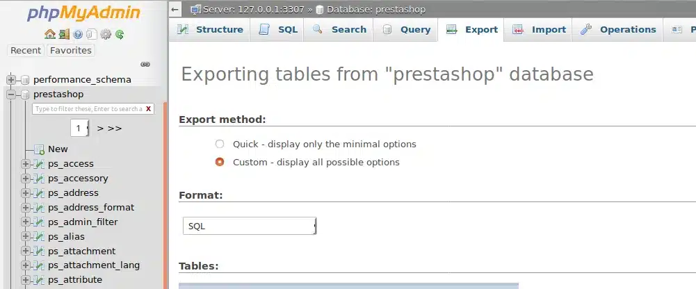 Export PrestaShop database