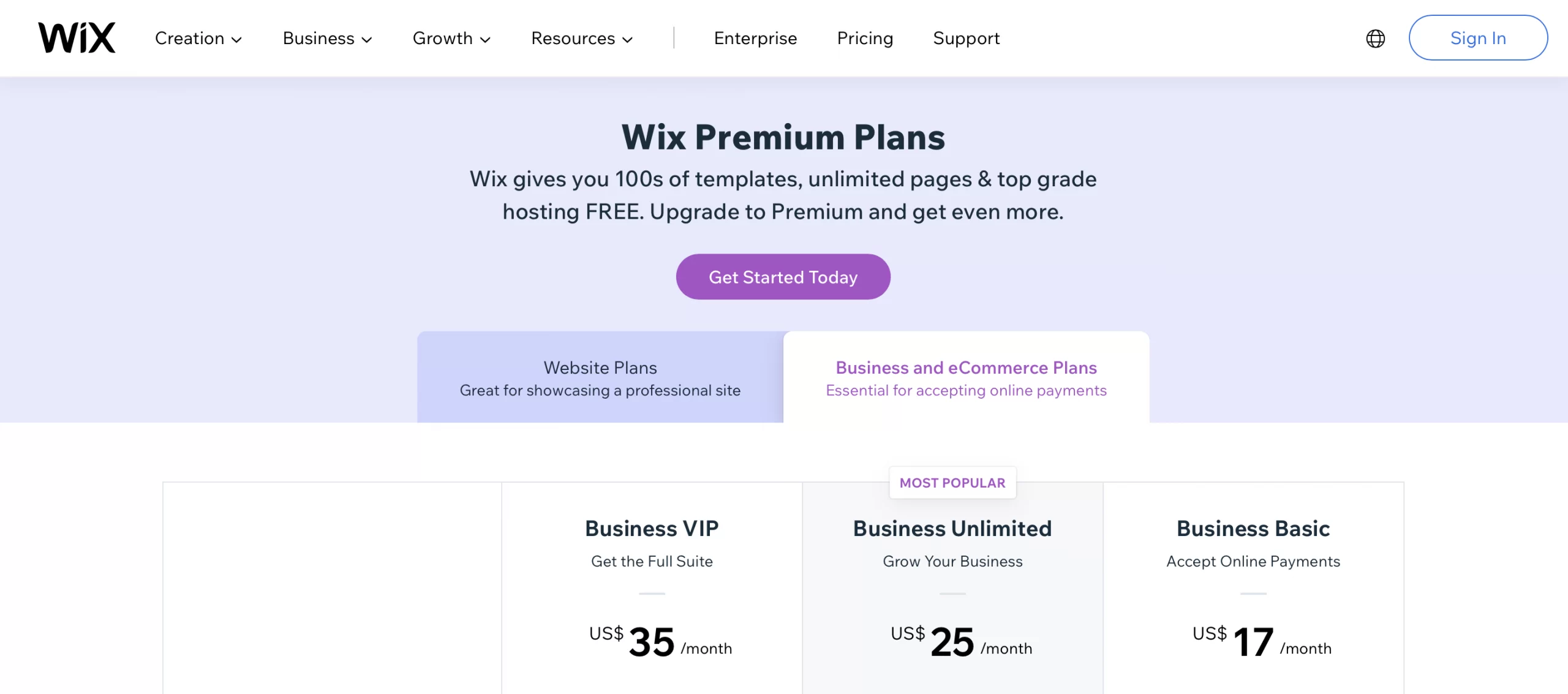 Wix pricing 2