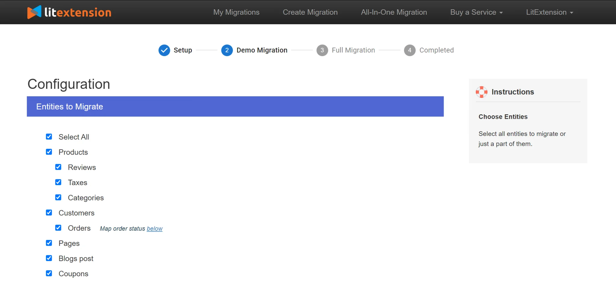 Select entities to migrate Weebly to Shopify