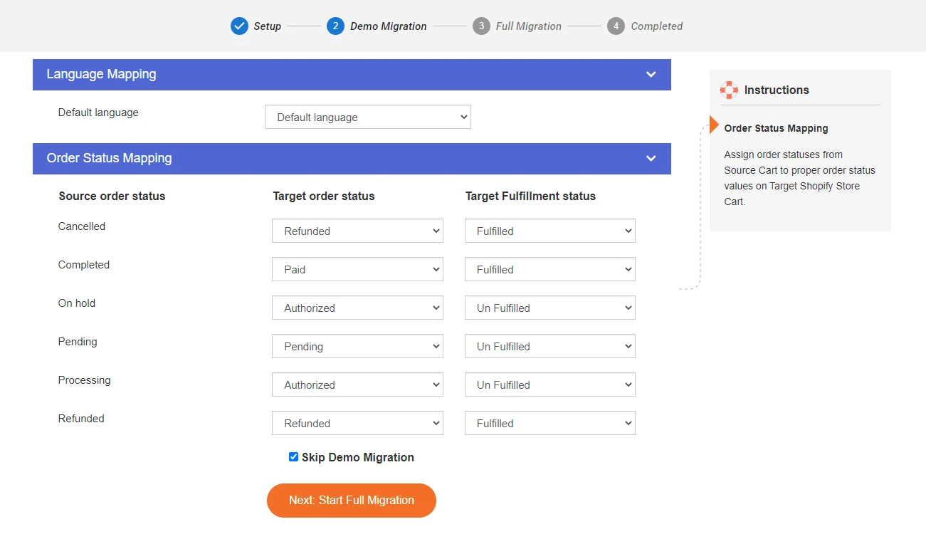 map language and order status when migrate weebly to shopify