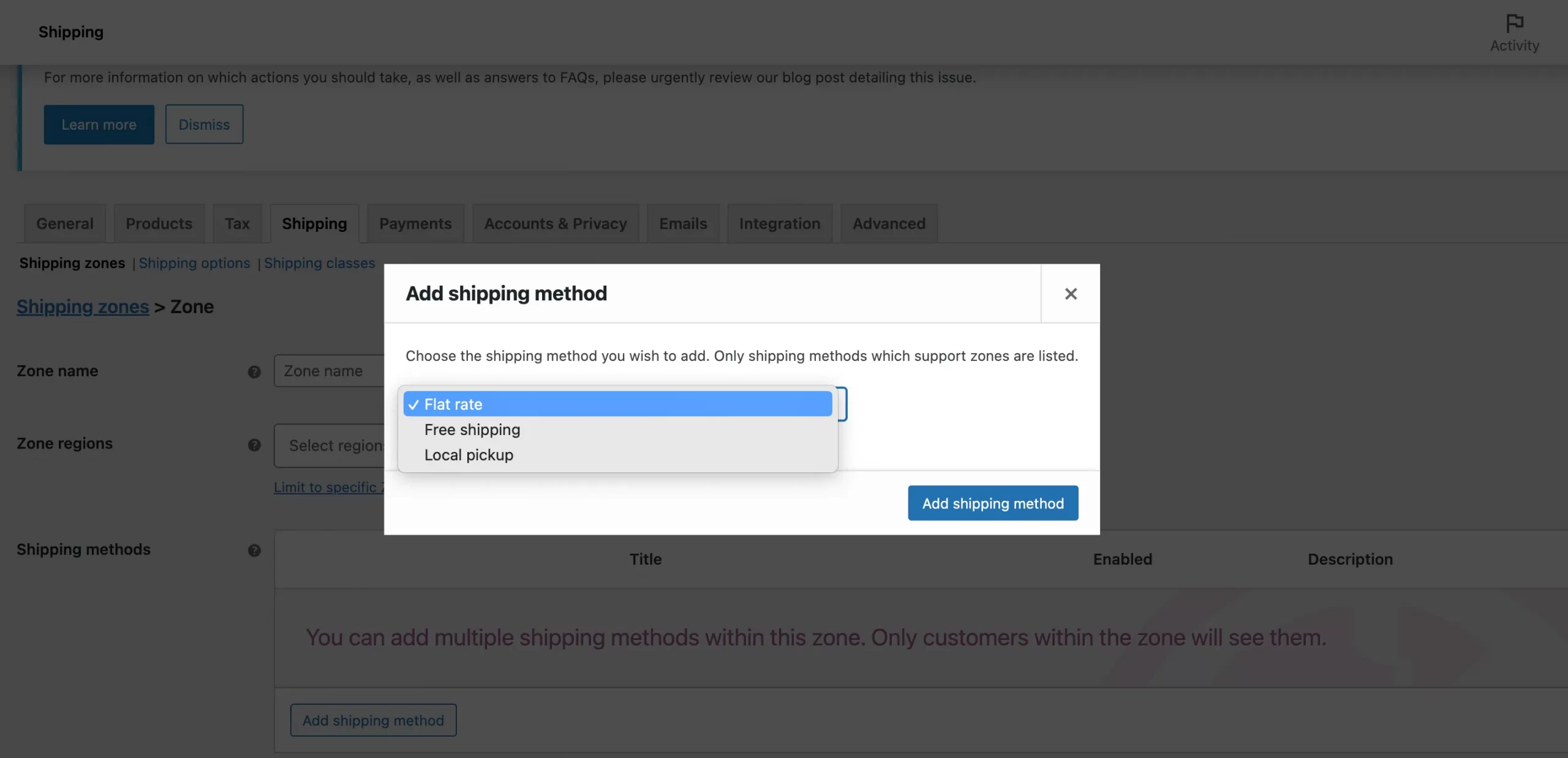 WooCommerce shipping methods