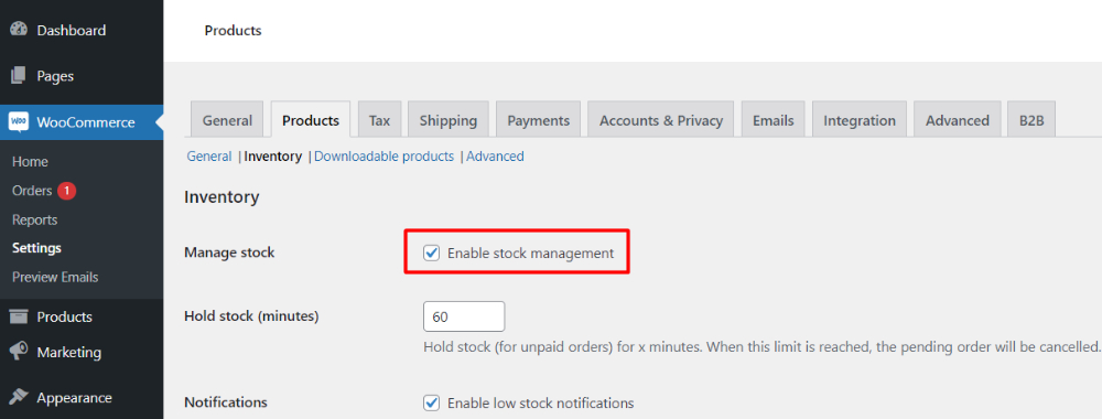 enable woocommerce inventory management