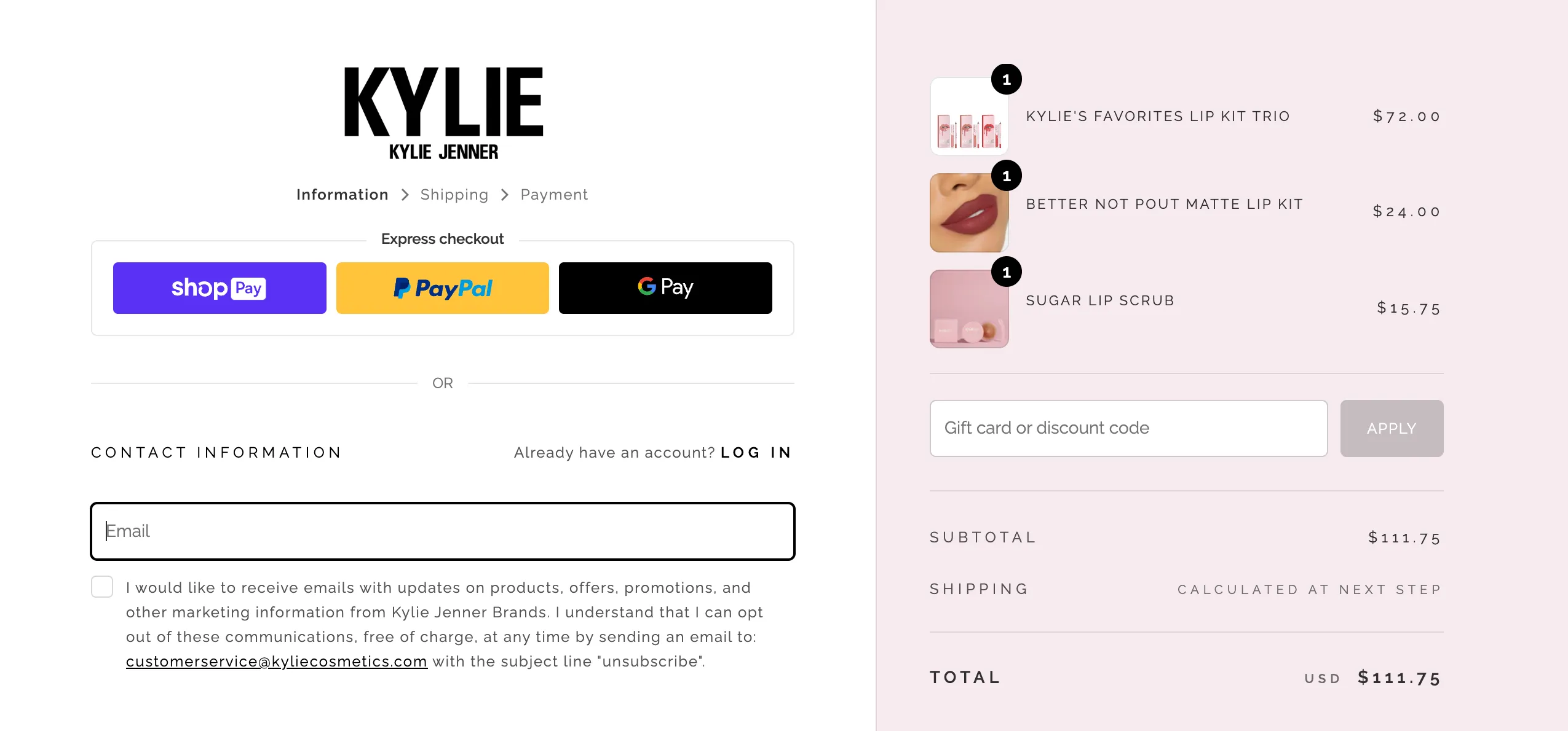 Checkout page sample from Kylie Cosmetics