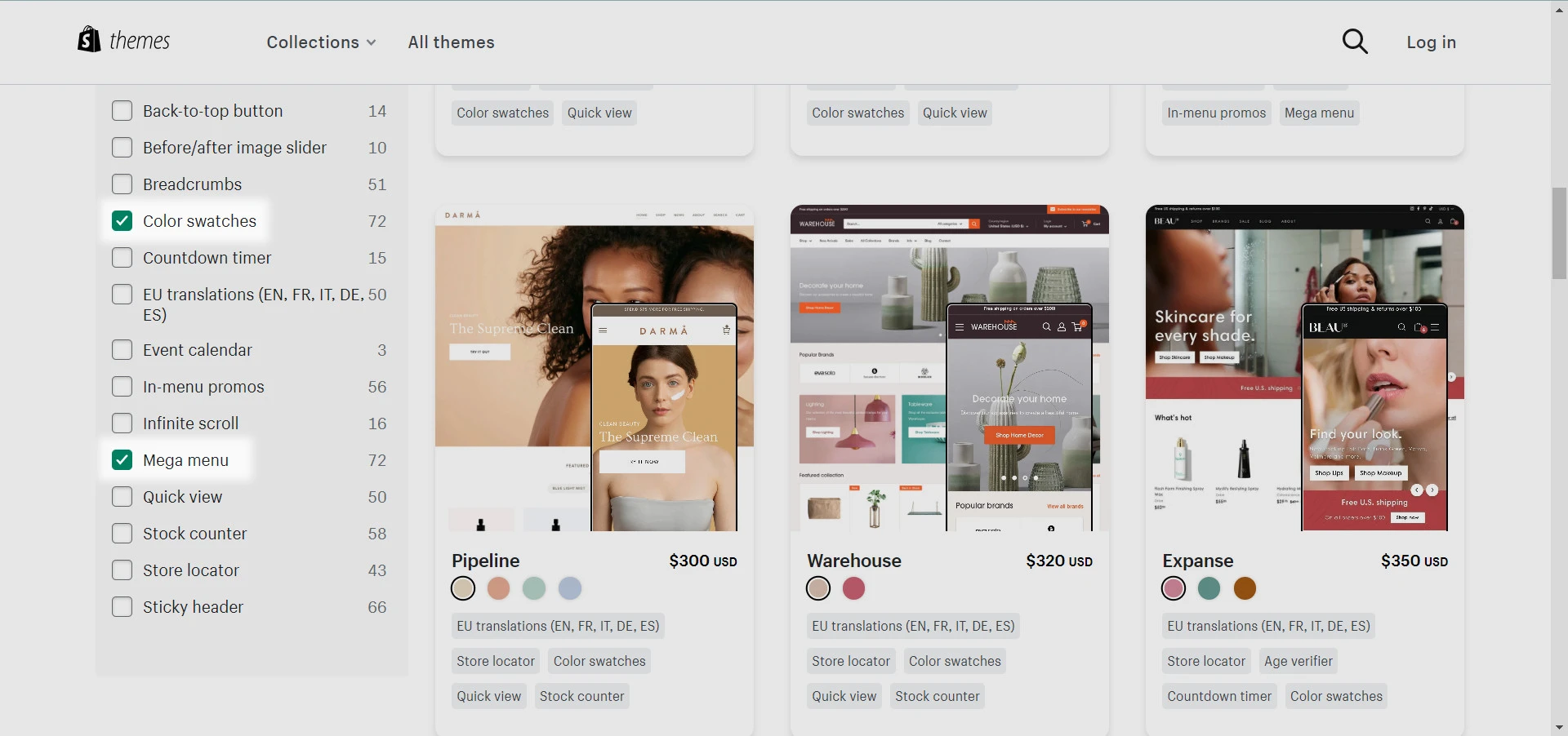 Narrow down your choices with Shopify Theme Store’s handy filter