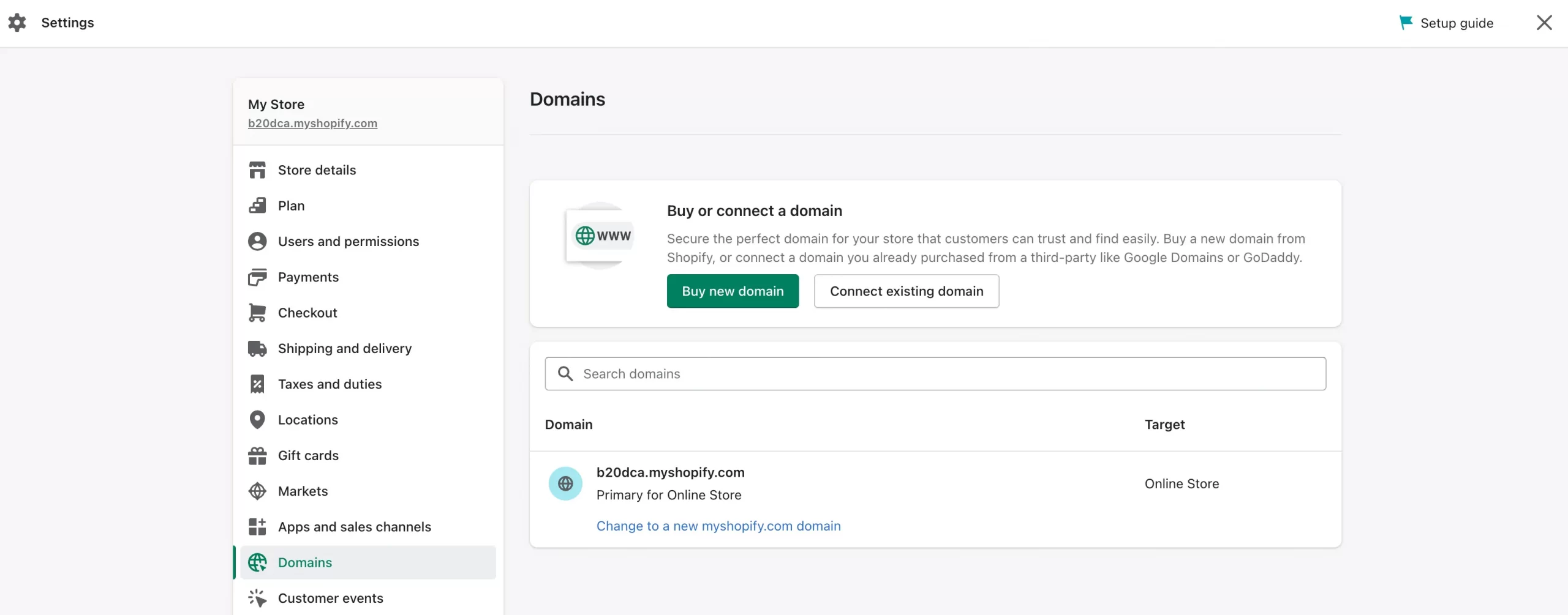 Shopify Domain page
