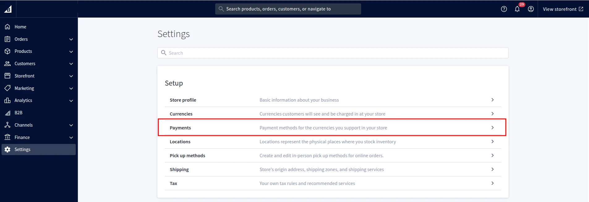 BigCommerce payments setting