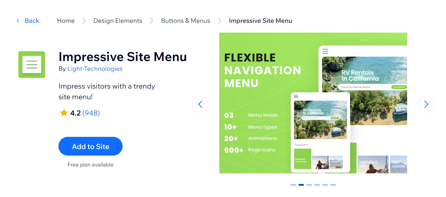 Impressive Site Menu Wix App