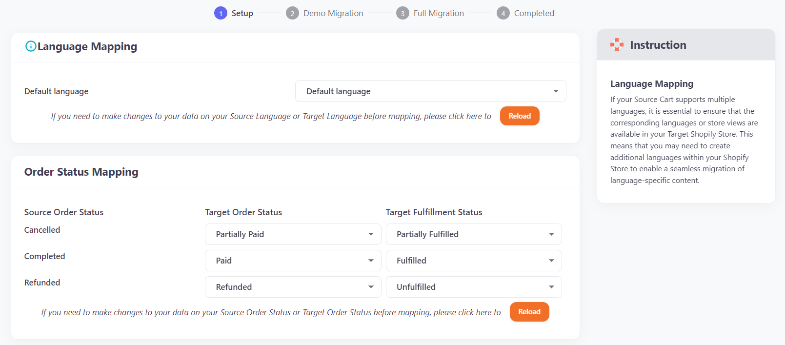 language & order status mapping when migrate to shopify