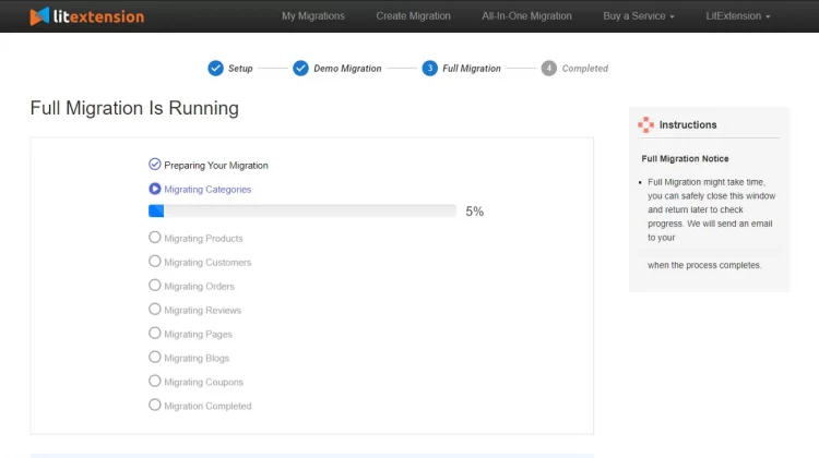 Import data from WooCommerce to Shopify process – The Full Migration is running