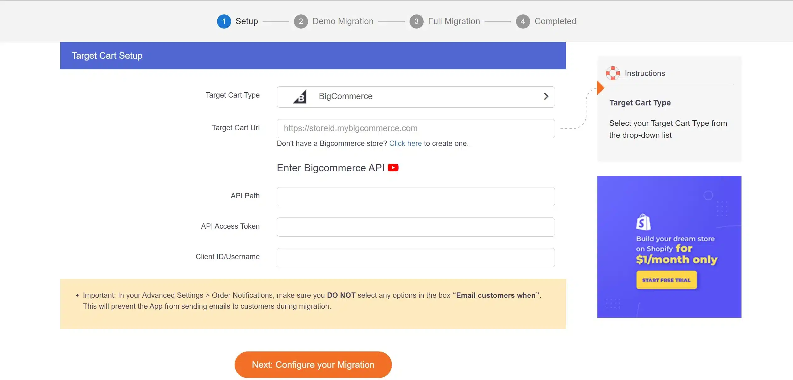 BigCommerce target cart set up