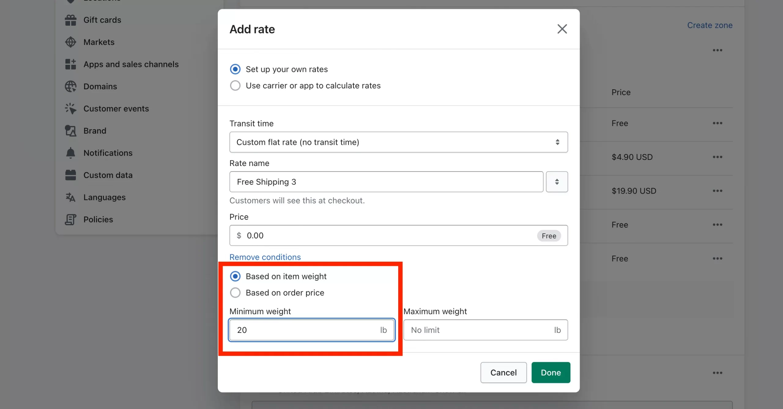 Enter weight-based condition details