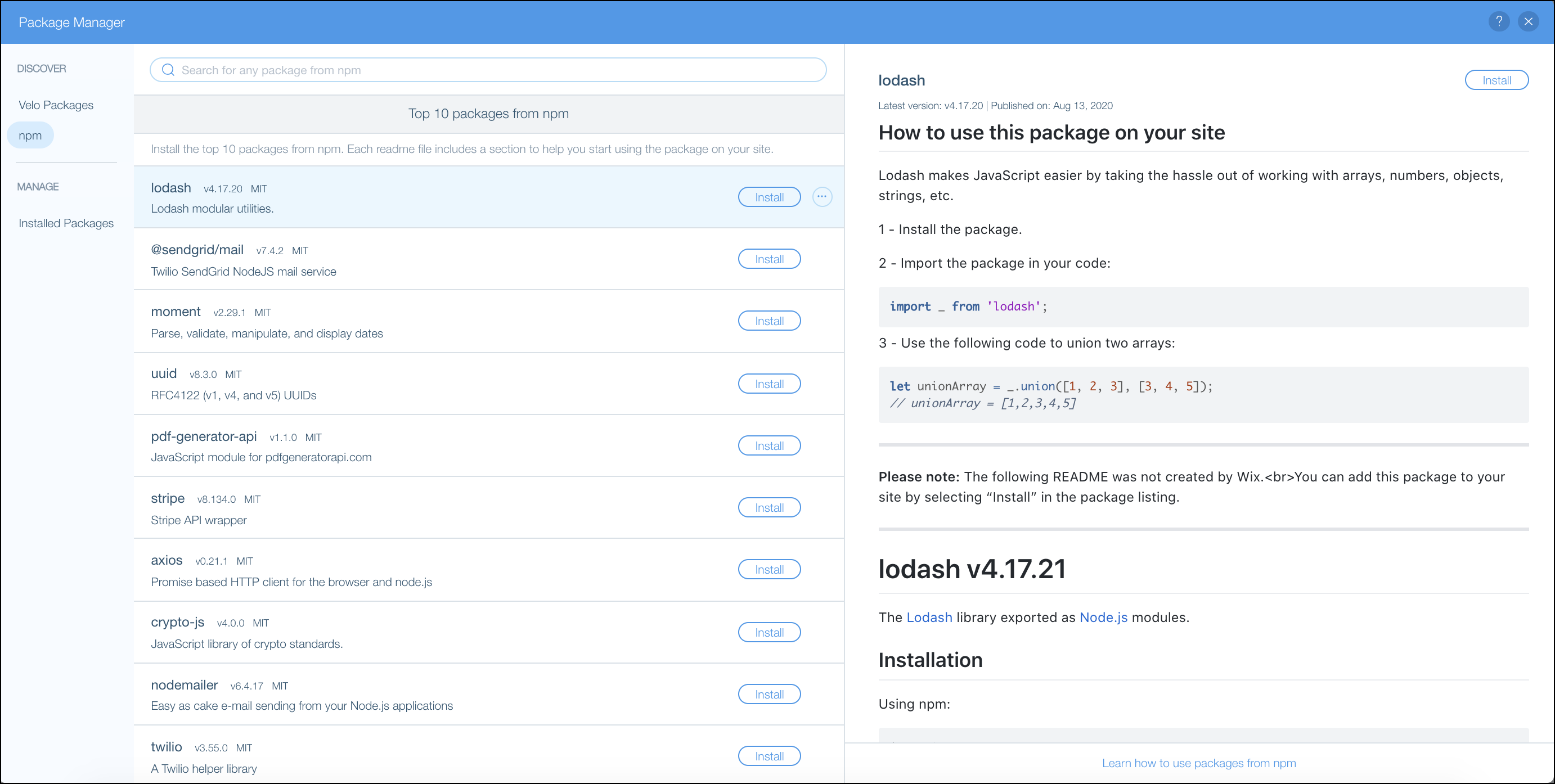 Wix Velo NPM package