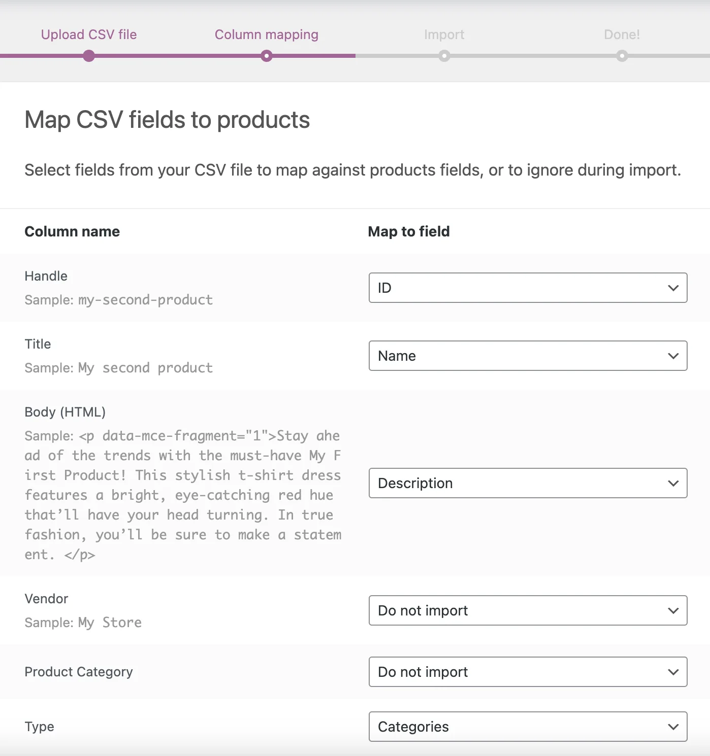 Map CSV fields to products
