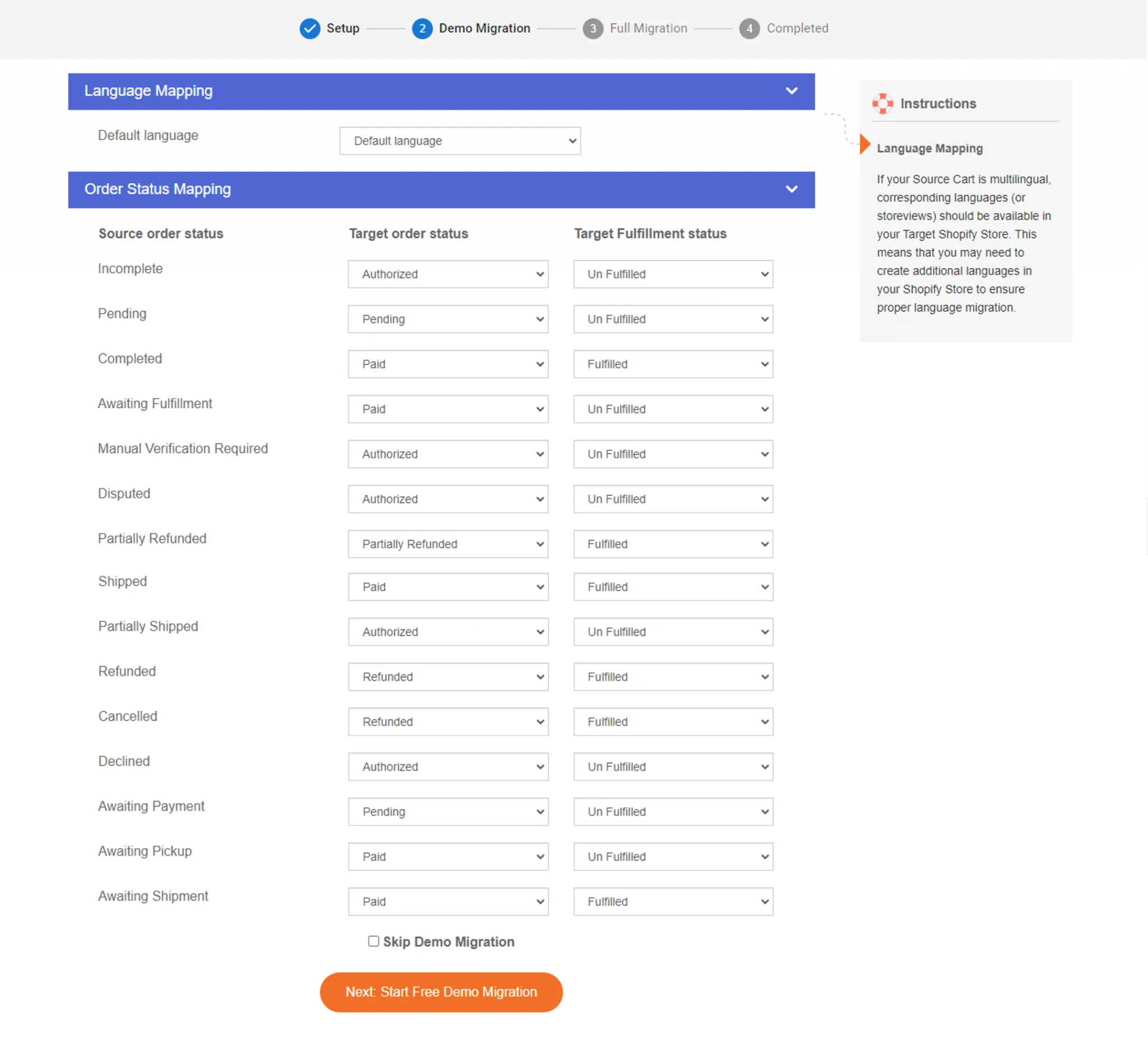 Language and Order Status Mapping