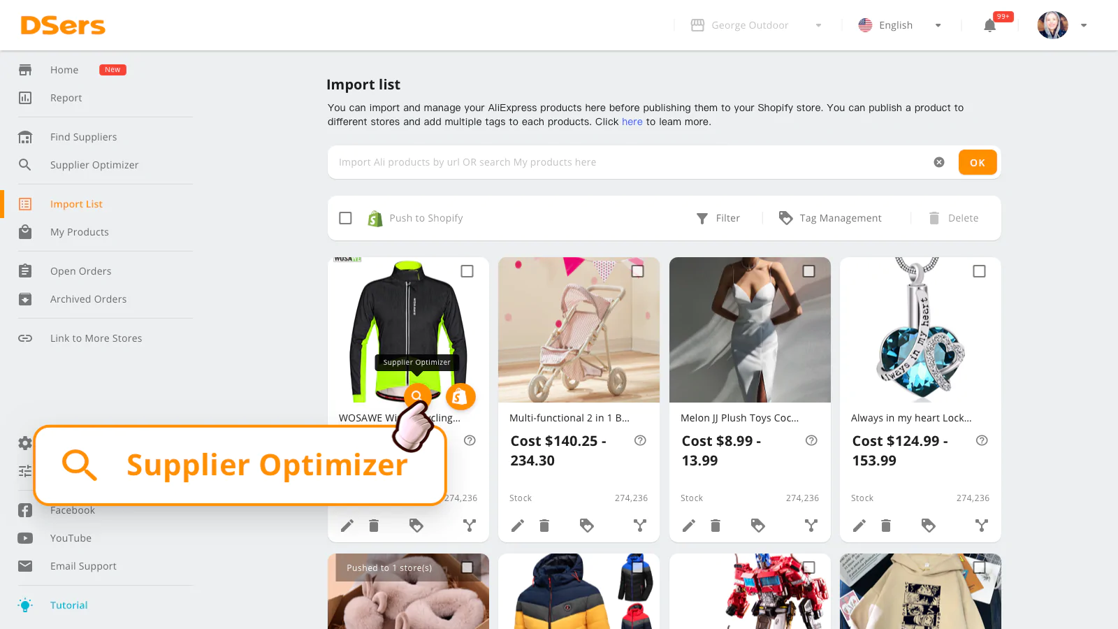 DSers in-app user dashboard on Shopify