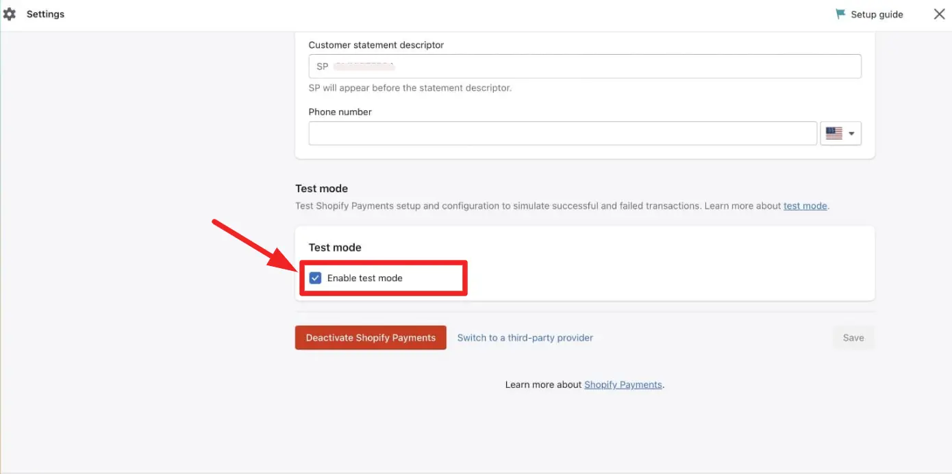 Enable payment test mode in Shopify Payments