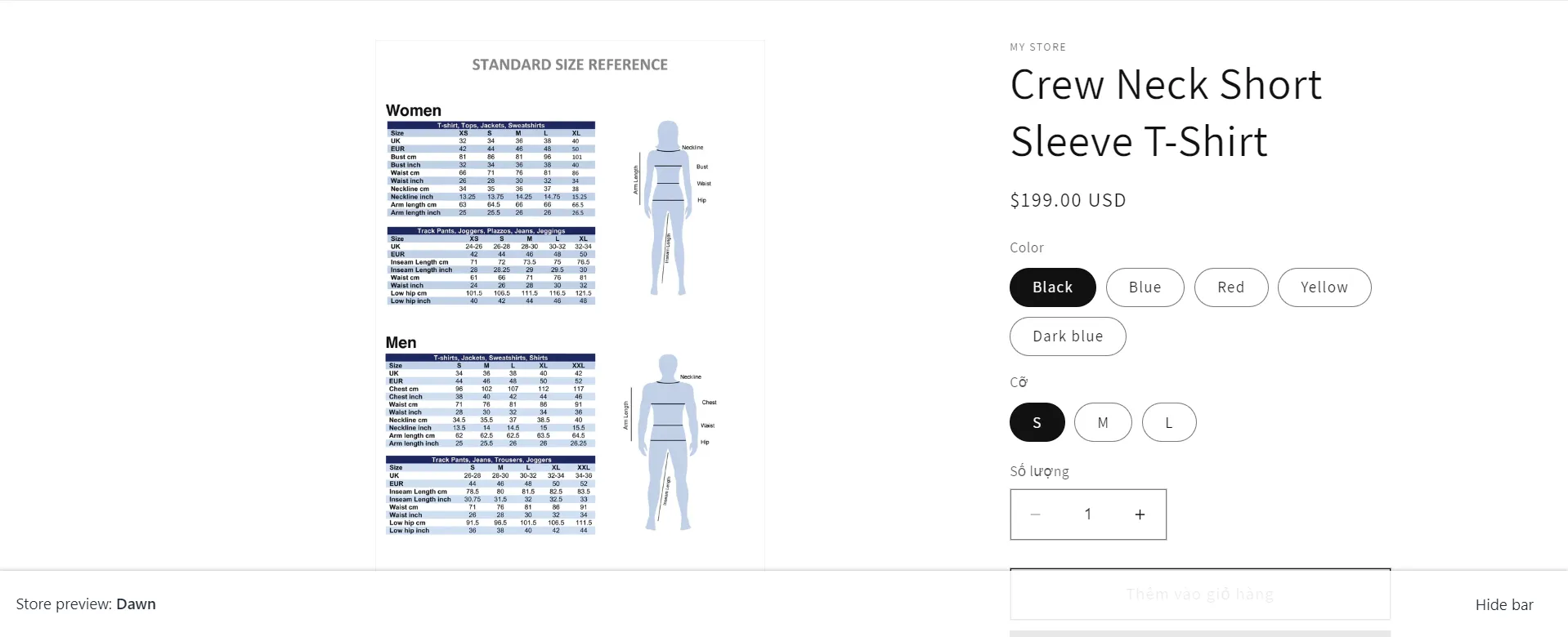 One of the size chart examples on product pages