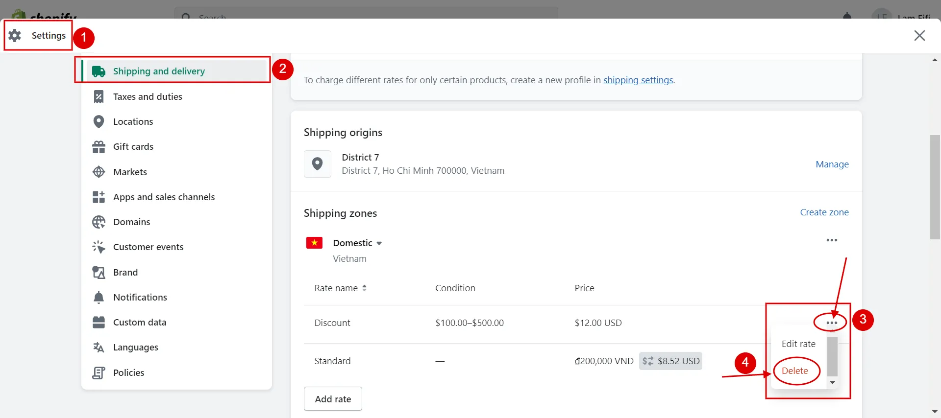 Delete Shopify custom shipping rates