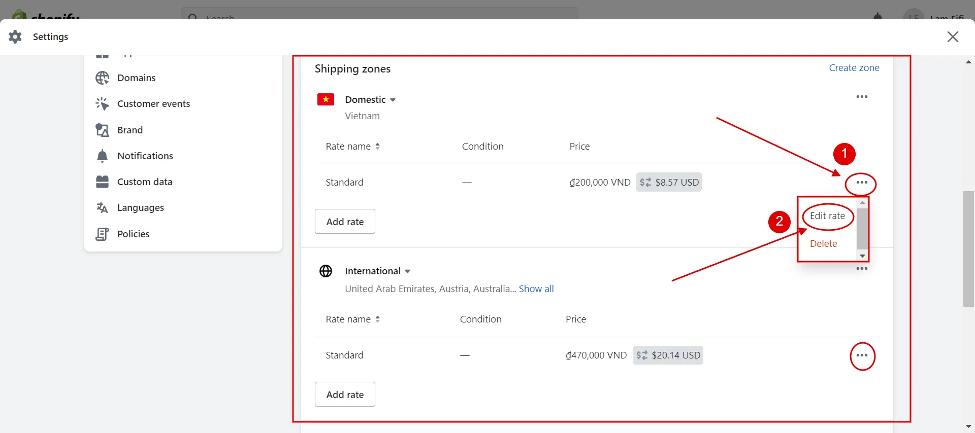 Edit Shopify shipping rates