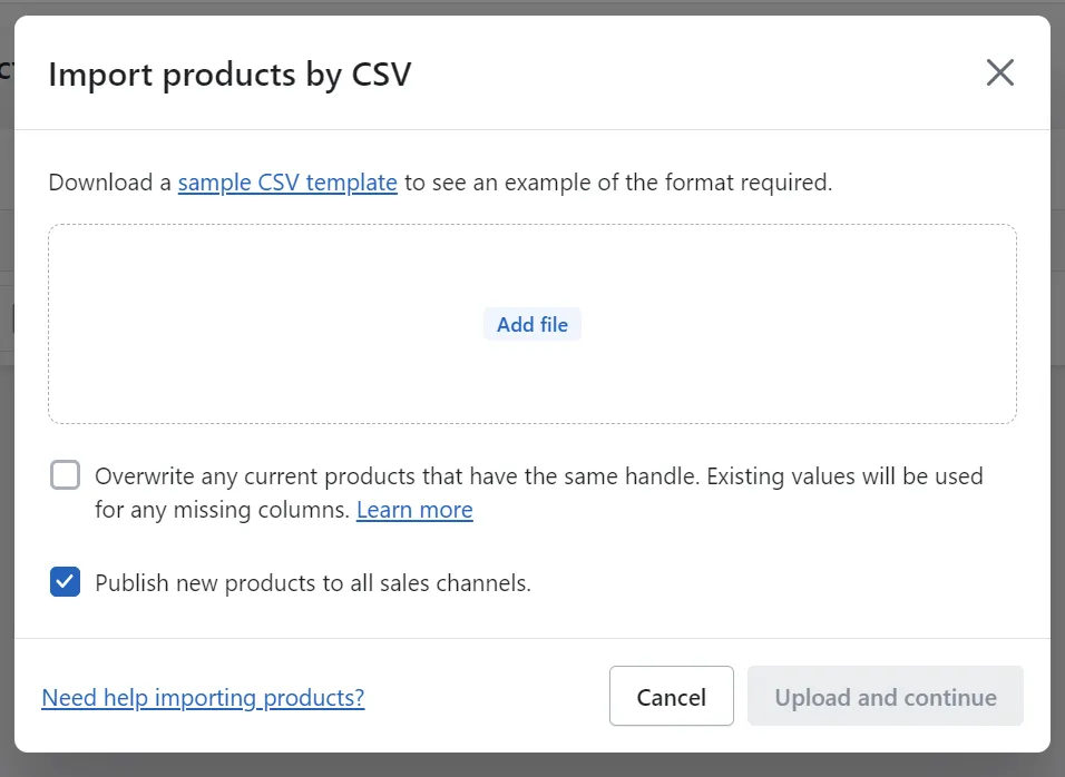 Add file Shopify CSV import manually