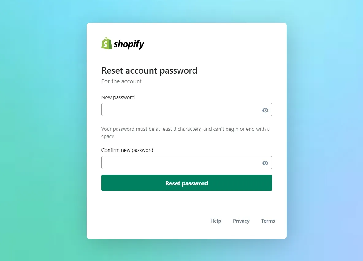 Reset Shopify account password