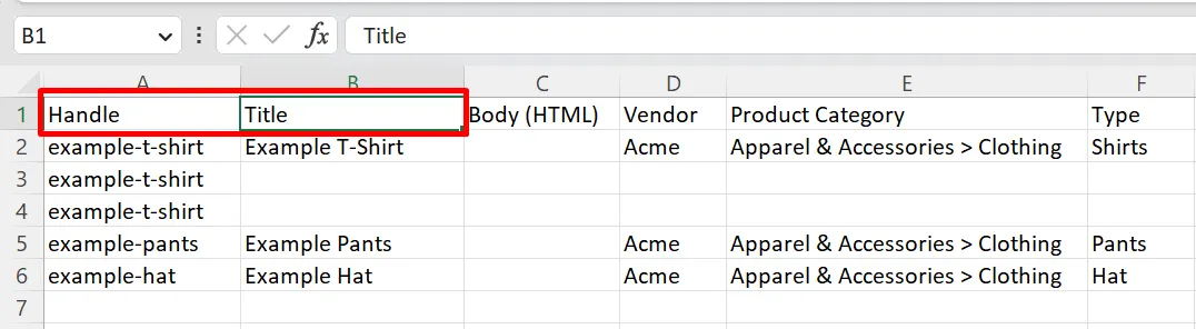 Format Shopify CSV import for Products