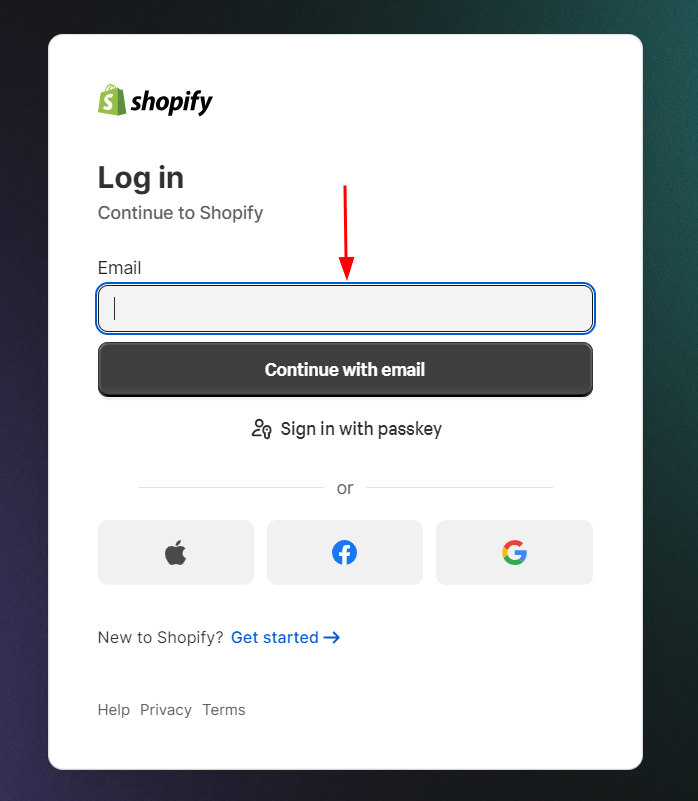 shopify login admin page