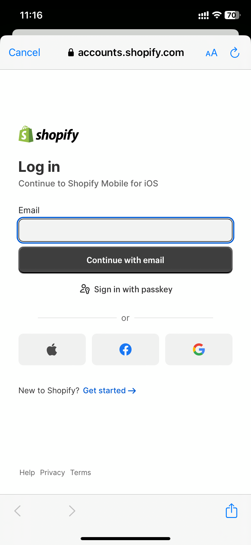 fill in your email on shopify app