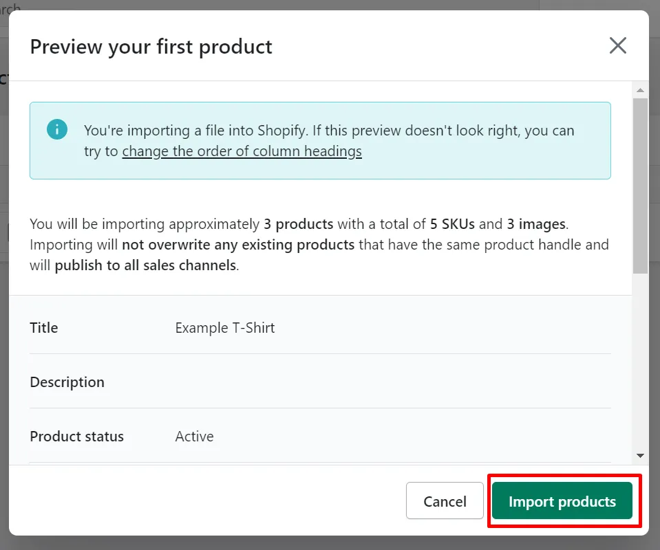 How to import product to Shopify: import the final csv file manually