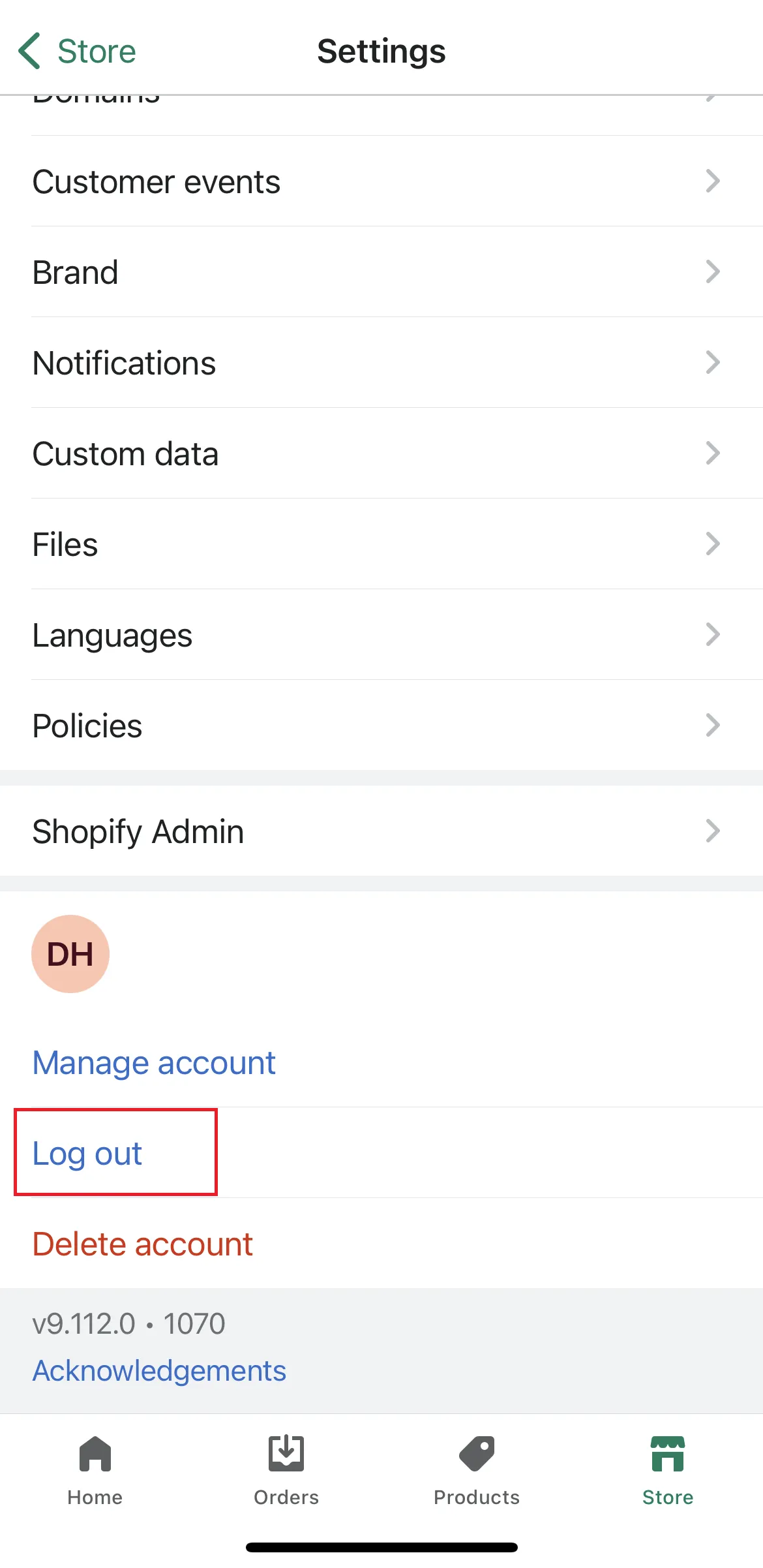 Log out Shopify app