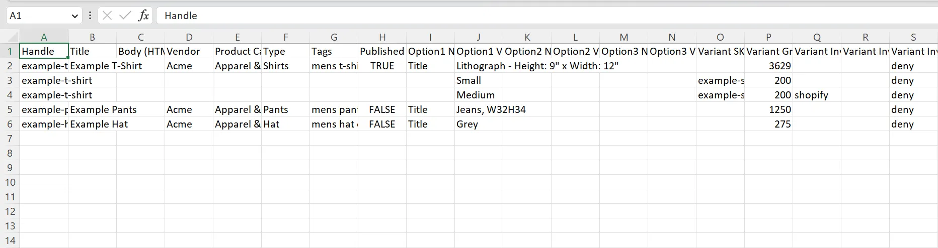 Shopify CSV template for Products